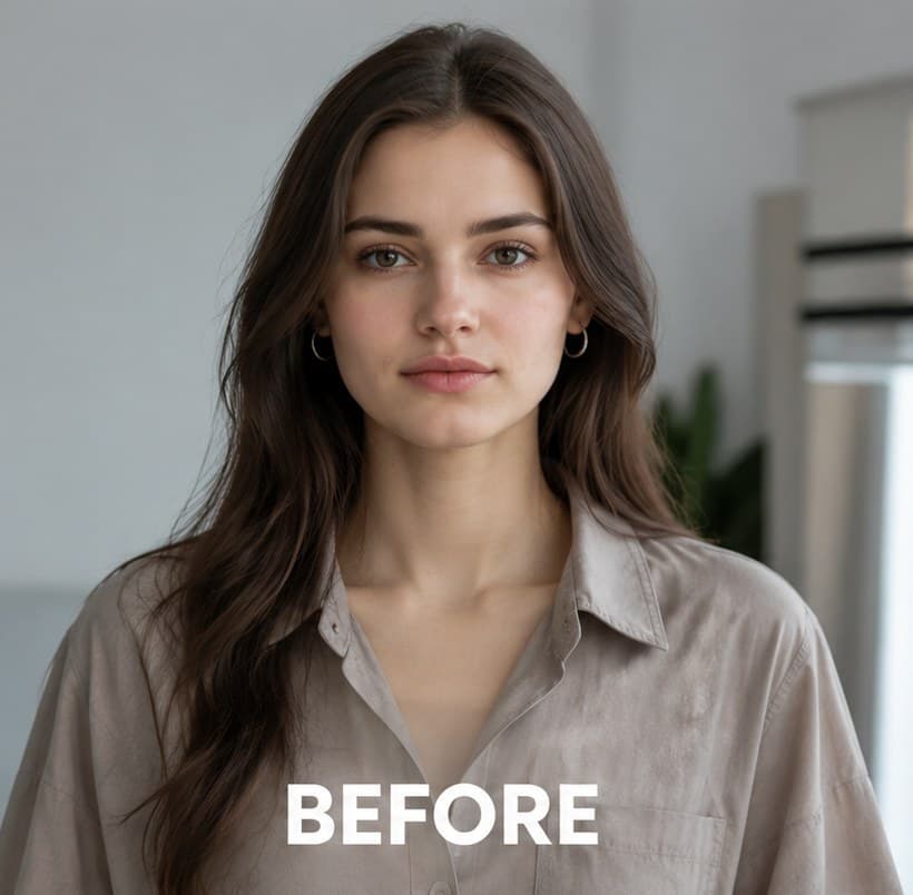 Before: woman with long brown hair wearing a muted greige shirt that washes out her complexion